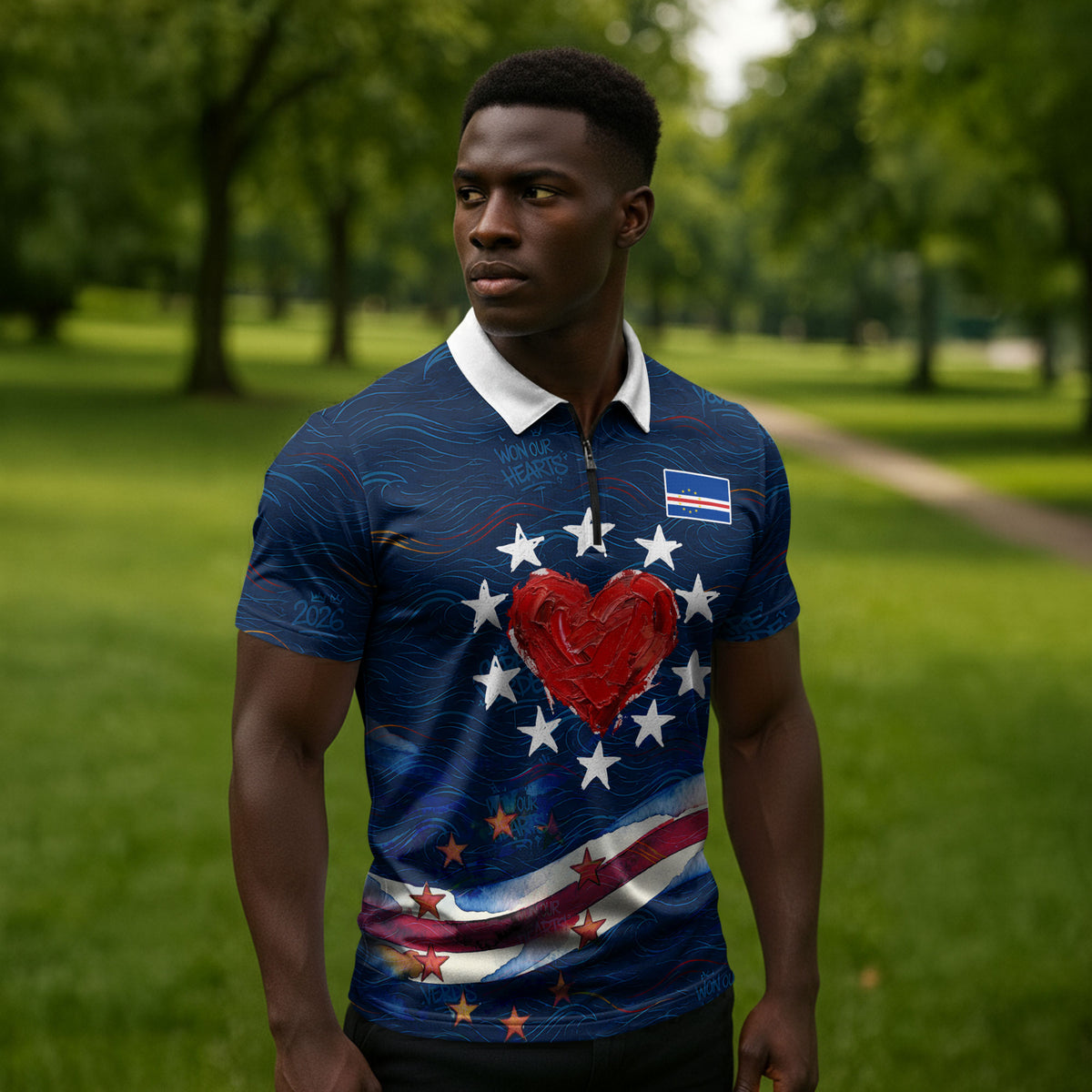 Cape Verde World Football 2026 Zipper Polo Shirt Blue Sharks Won Our Hearts - Oil Paint Style