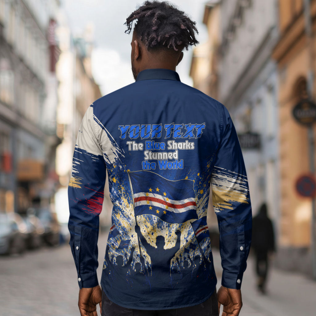 Personalized Cape Verde Blue Sharks Long Sleeve Button Shirt Giant Spirit African Football 2026 Mascot