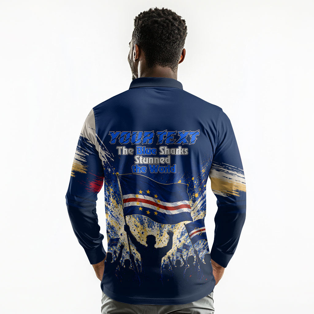 Personalized Cape Verde Blue Sharks Long Sleeve Polo Shirt Giant Spirit African Football 2026 Mascot