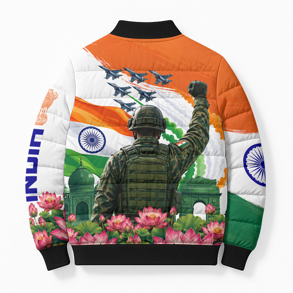 India Proud Free Fearless Bomber Puffer Jacket Bengal Tiger Military Soldier Jets Art
