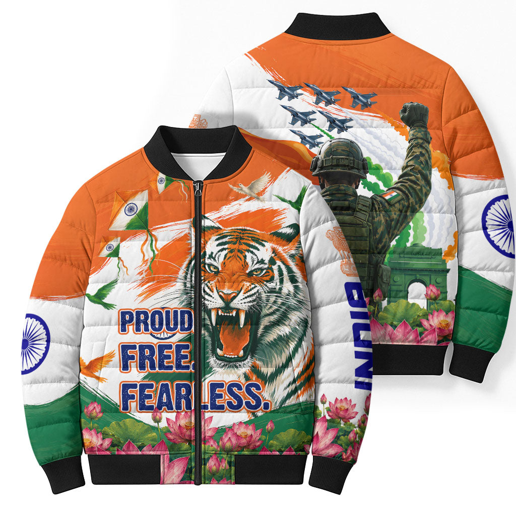 India Proud Free Fearless Bomber Puffer Jacket Bengal Tiger Military Soldier Jets Art
