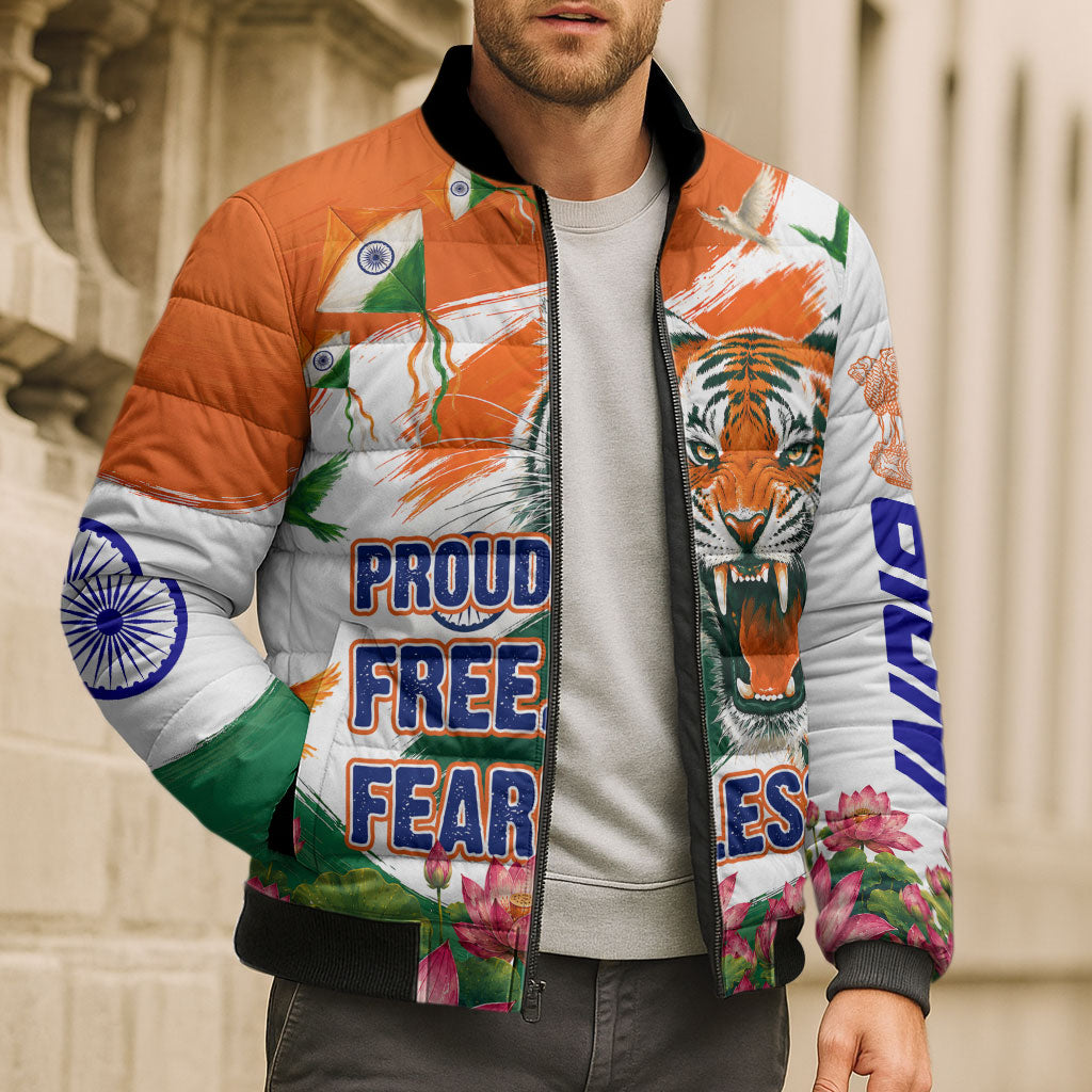 India Proud Free Fearless Bomber Puffer Jacket Bengal Tiger Military Soldier Jets Art