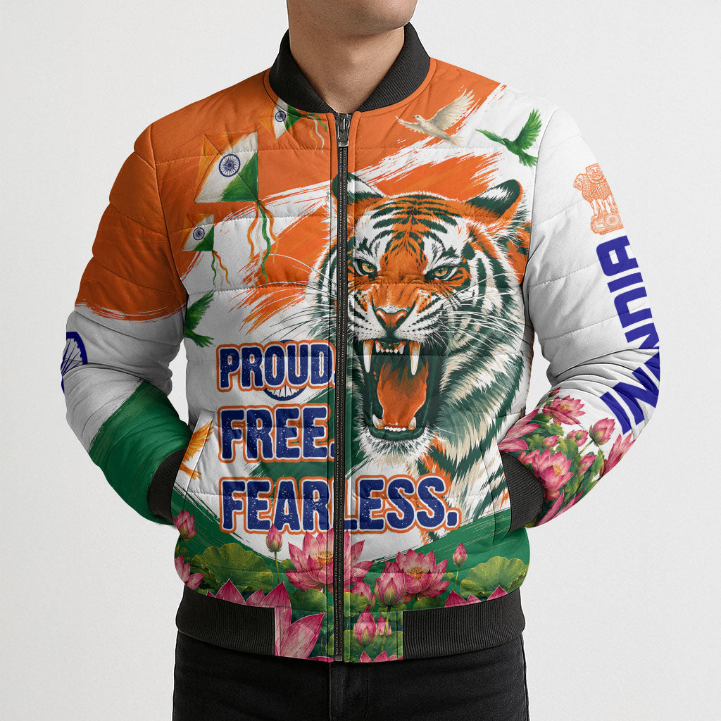India Proud Free Fearless Bomber Puffer Jacket Bengal Tiger Military Soldier Jets Art