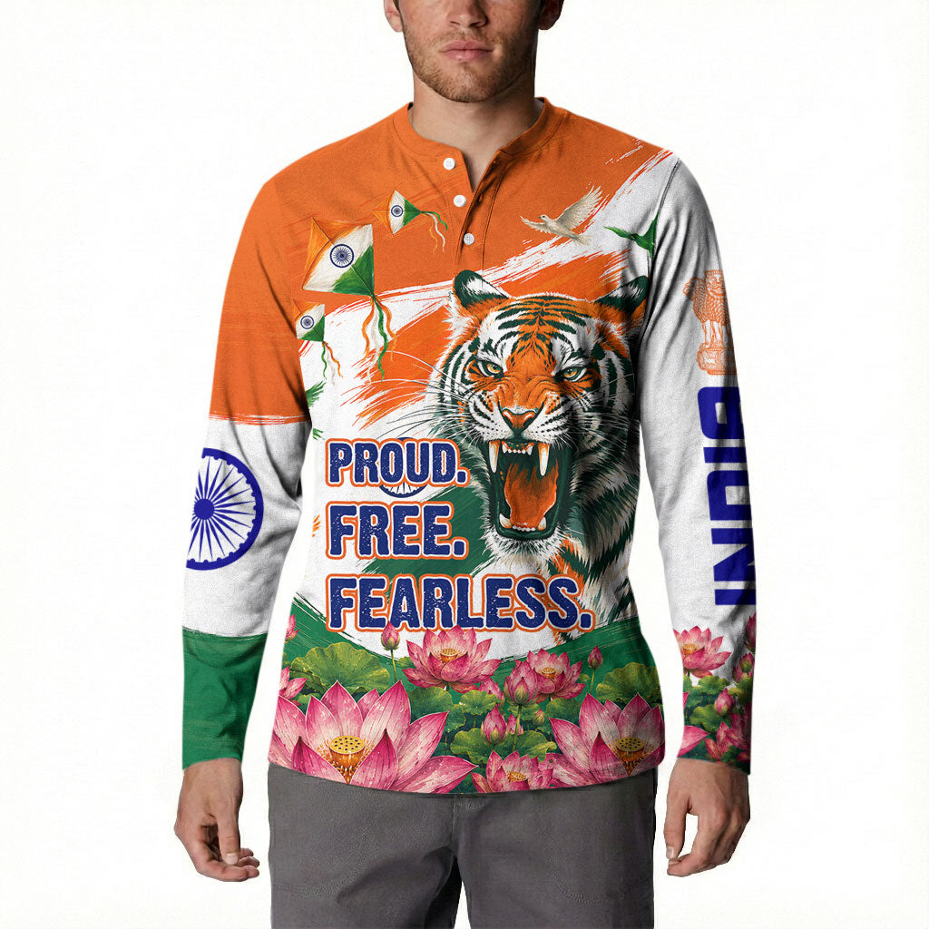 India Proud Free Fearless Button Sweatshirt Bengal Tiger Military Soldier Jets Art