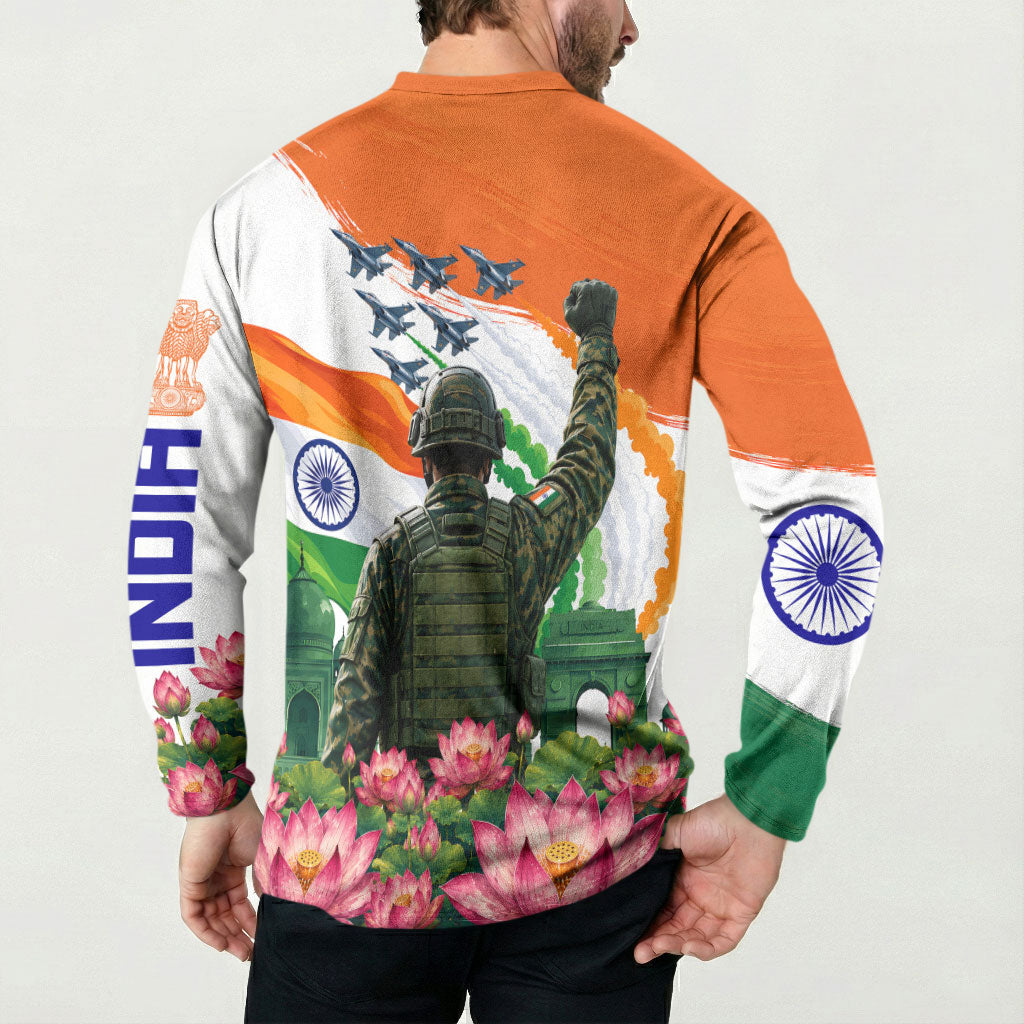 India Proud Free Fearless Button Sweatshirt Bengal Tiger Military Soldier Jets Art