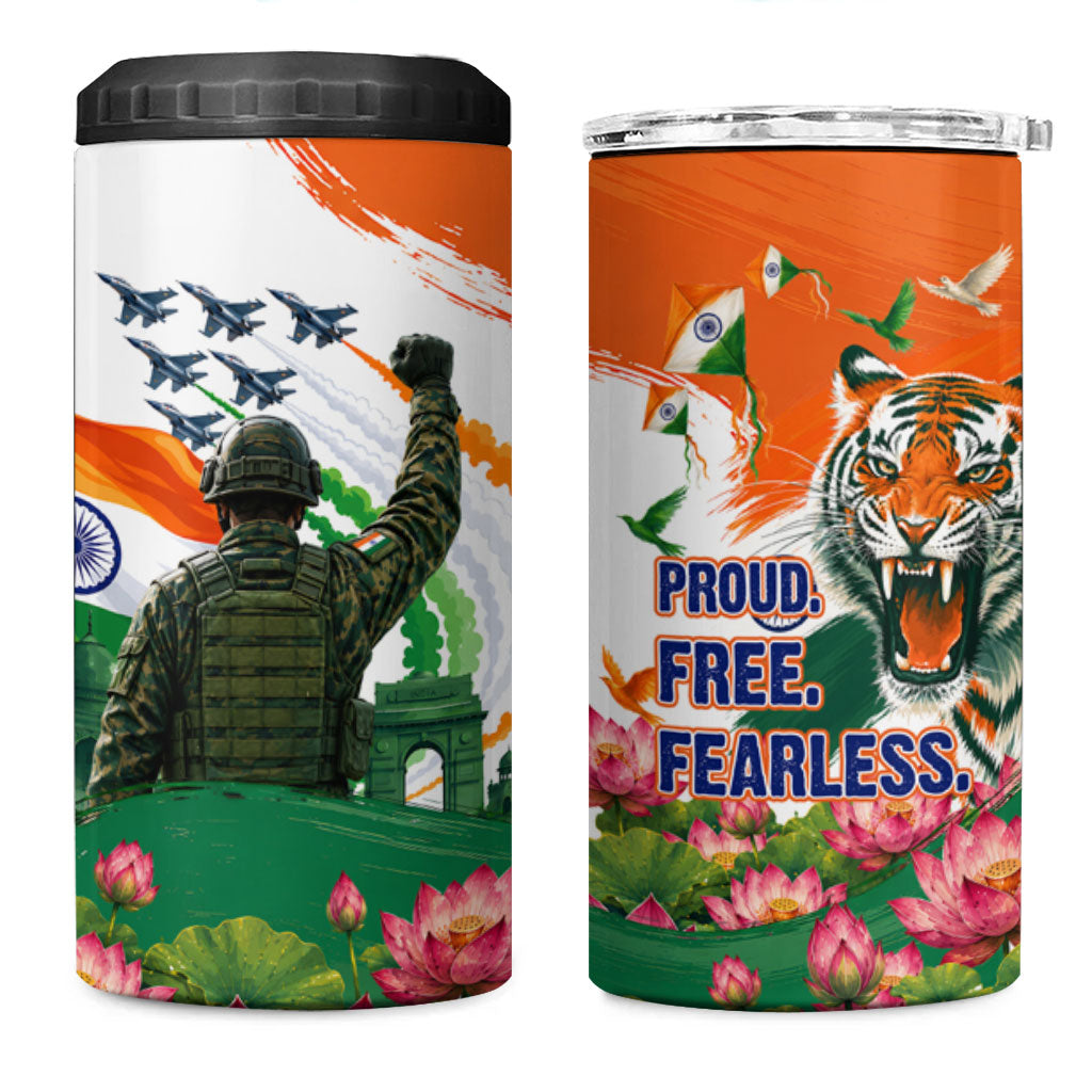 India Proud Free Fearless 4 in 1 Can Cooler Tumbler Bengal Tiger Military Soldier Jets Art