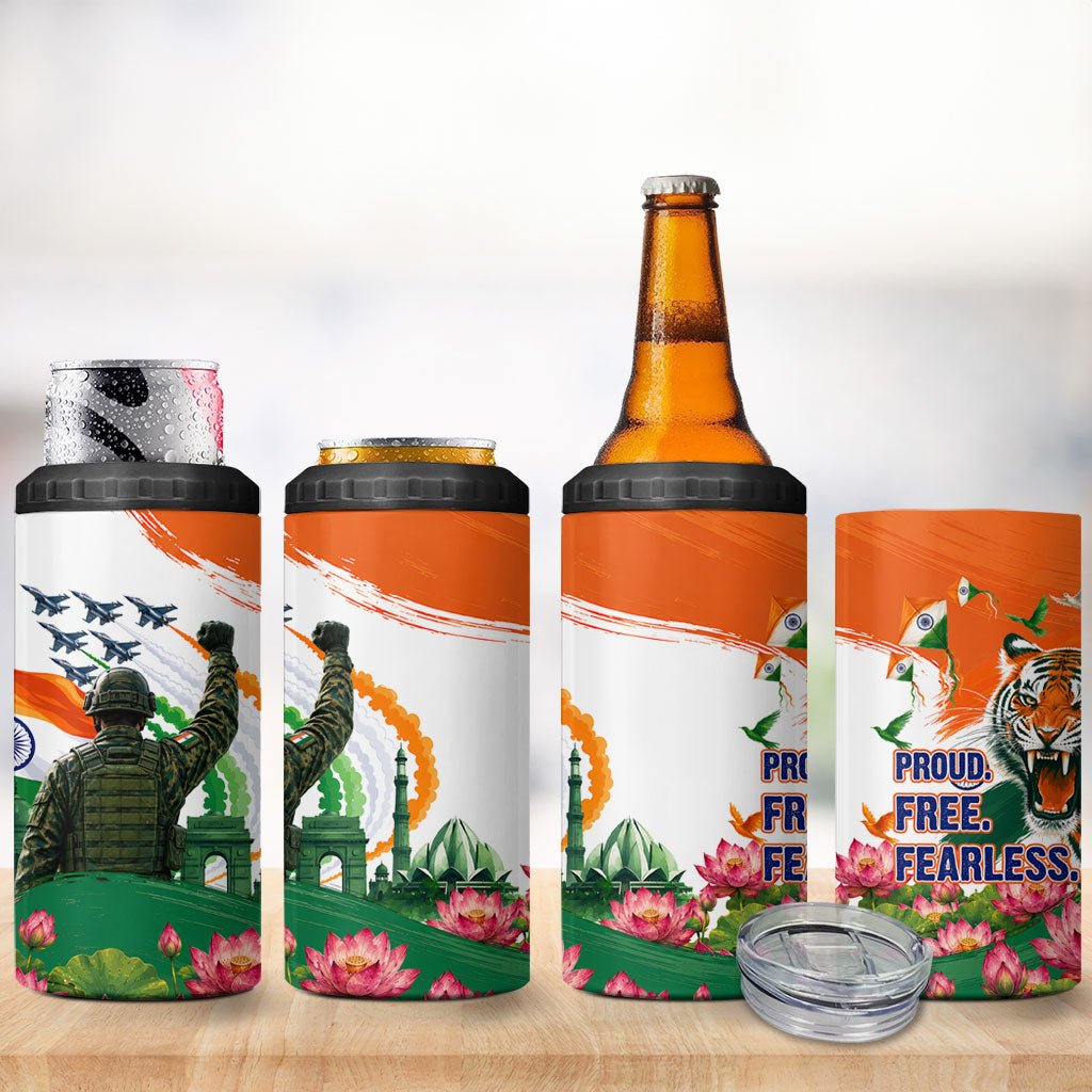 India Proud Free Fearless 4 in 1 Can Cooler Tumbler Bengal Tiger Military Soldier Jets Art