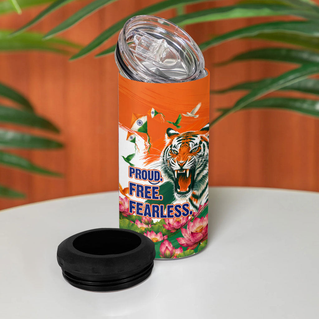 India Proud Free Fearless 4 in 1 Can Cooler Tumbler Bengal Tiger Military Soldier Jets Art