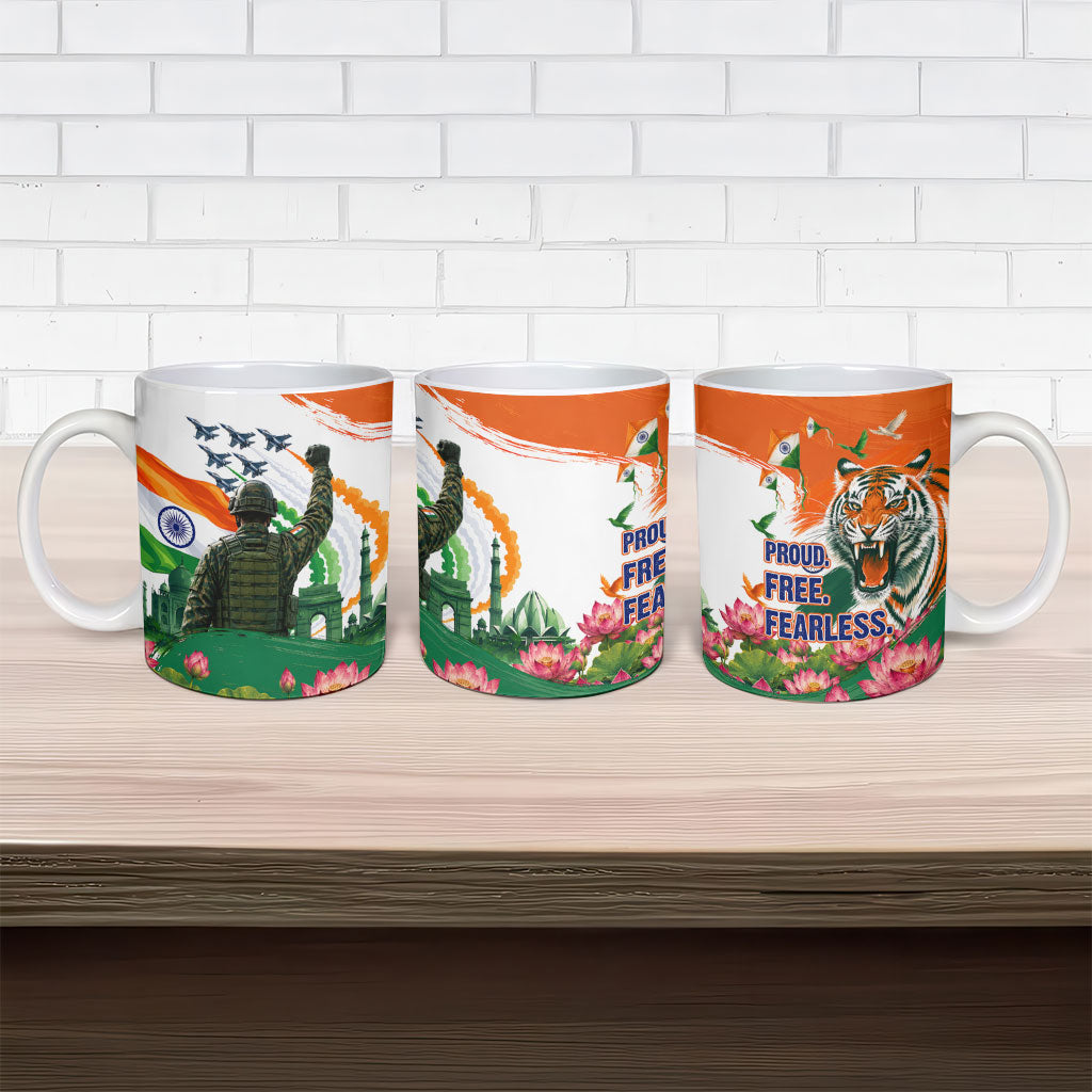 India Proud Free Fearless Ceramic Mug Bengal Tiger Military Soldier Jets Art