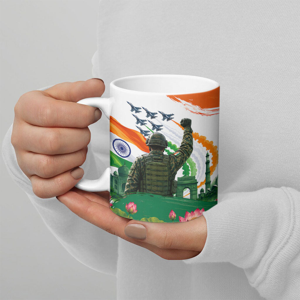 India Proud Free Fearless Ceramic Mug Bengal Tiger Military Soldier Jets Art