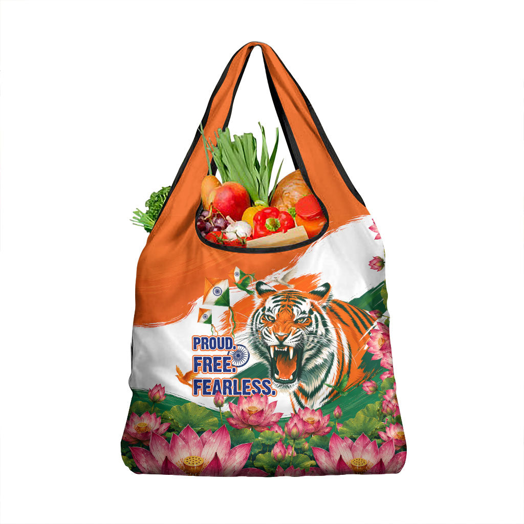 India Proud Free Fearless Grocery Bag Bengal Tiger Military Soldier Jets Art