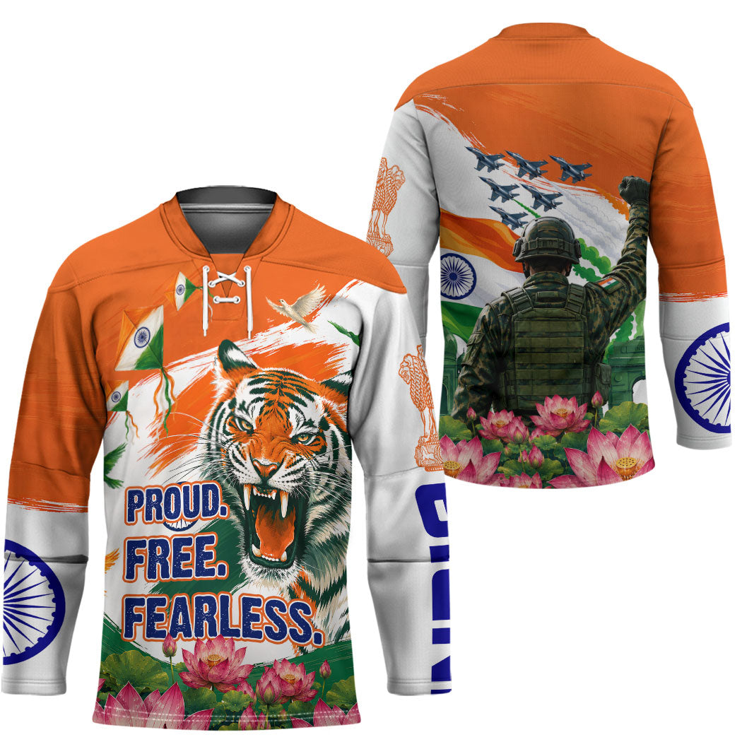 India Proud Free Fearless Hockey Jersey Bengal Tiger Military Soldier Jets Art