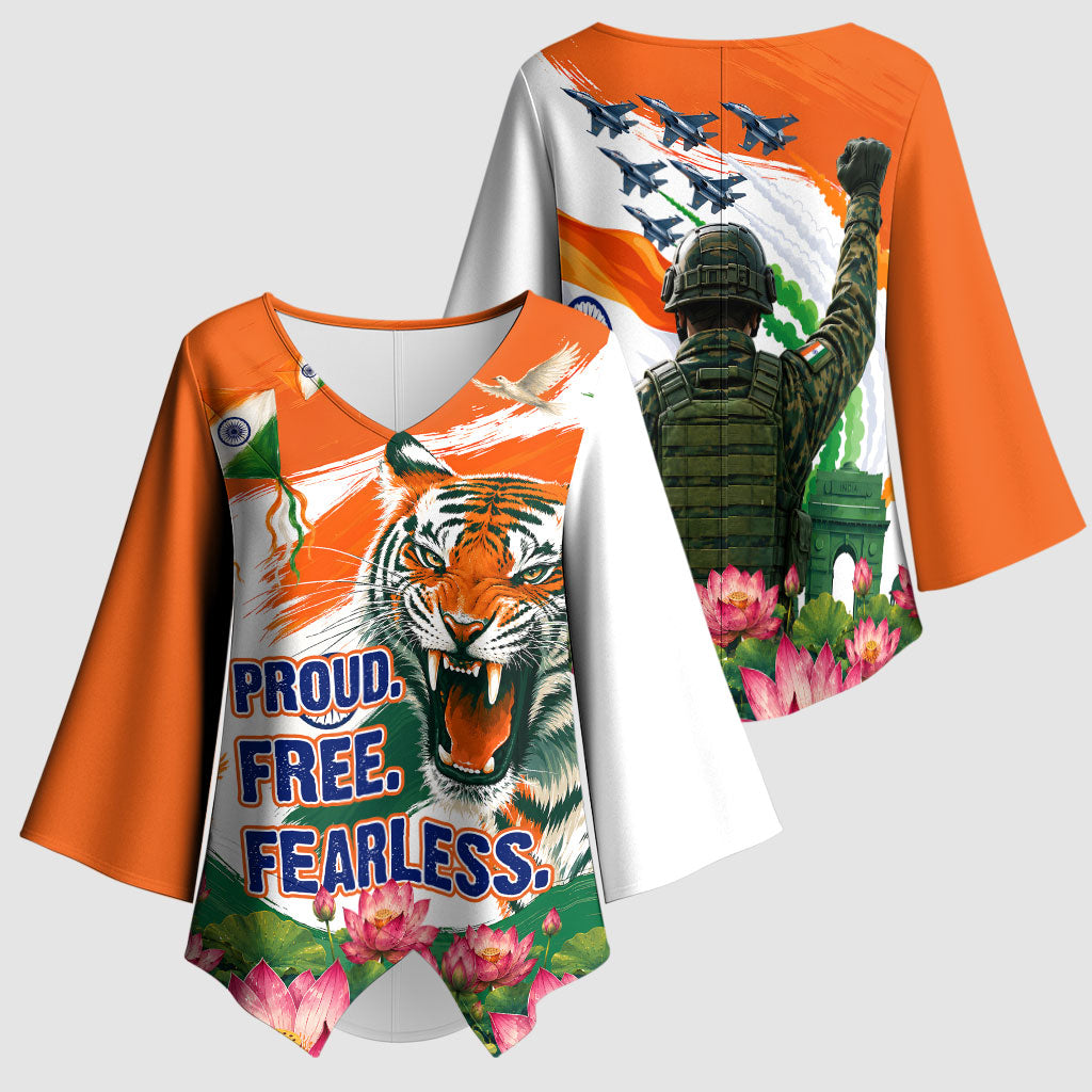 India Proud Free Fearless Kimono Sleeve Blouse Bengal Tiger Military Soldier Jets Art