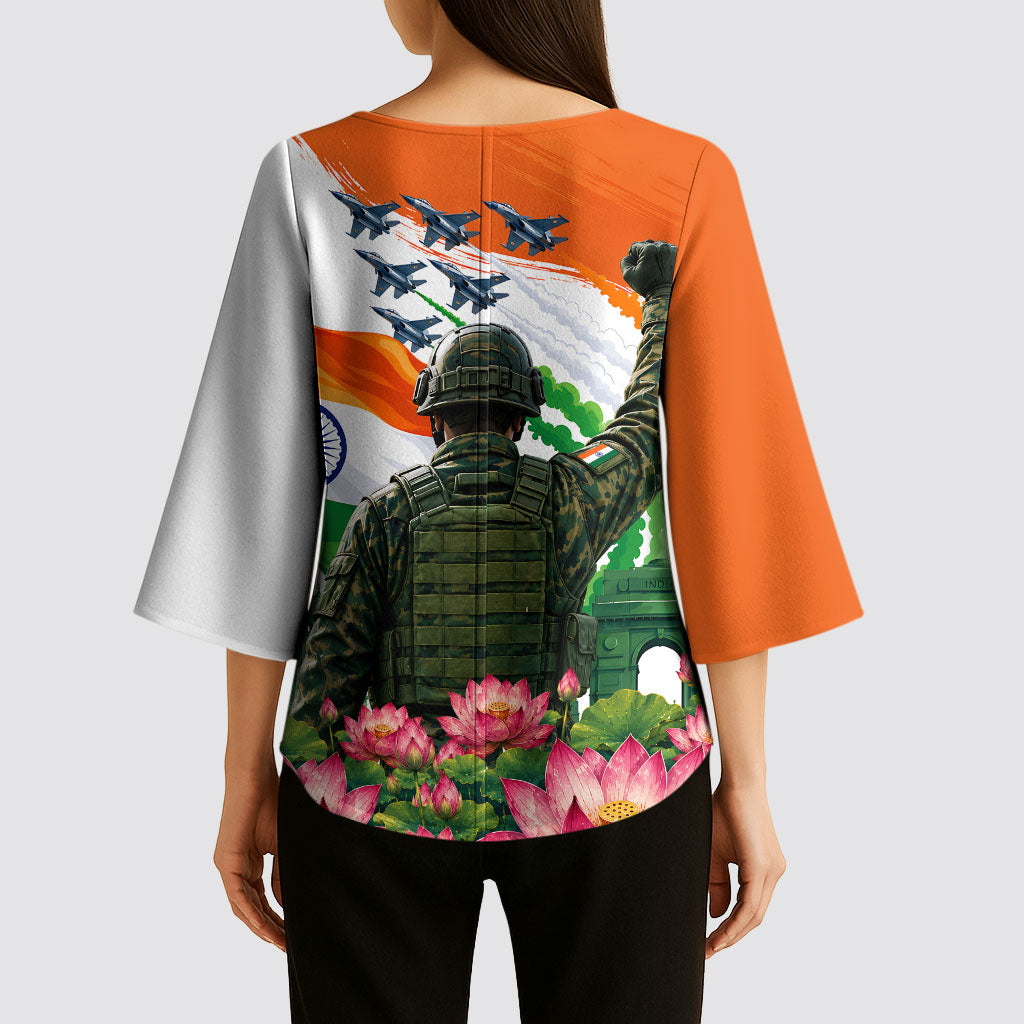 India Proud Free Fearless Kimono Sleeve Blouse Bengal Tiger Military Soldier Jets Art