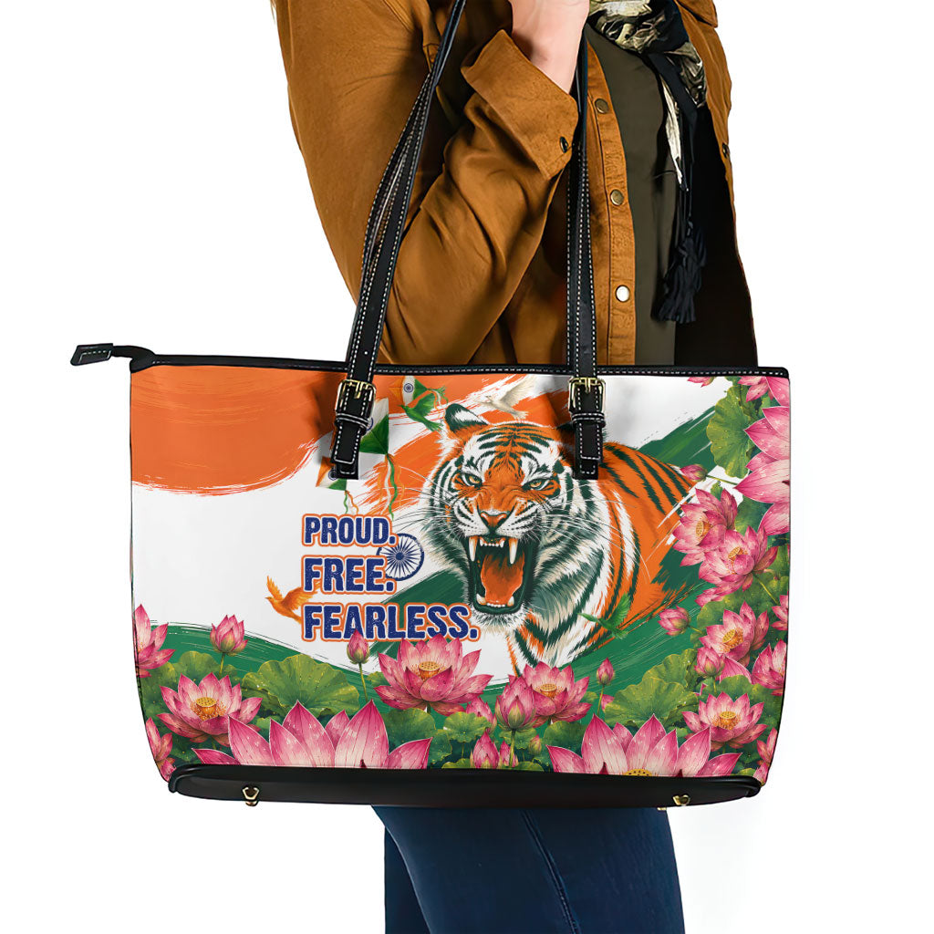 India Proud Free Fearless Leather Tote Bag Bengal Tiger Military Soldier Jets Art
