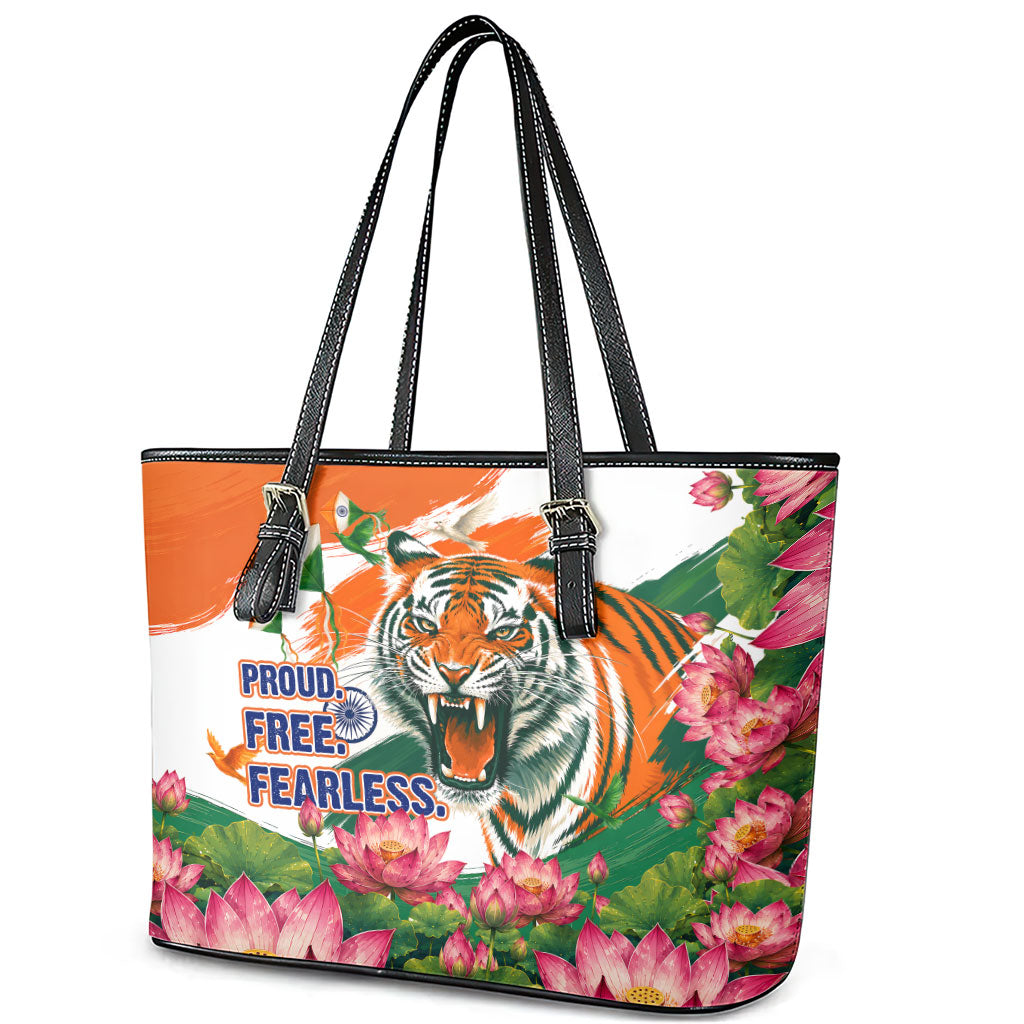 India Proud Free Fearless Leather Tote Bag Bengal Tiger Military Soldier Jets Art