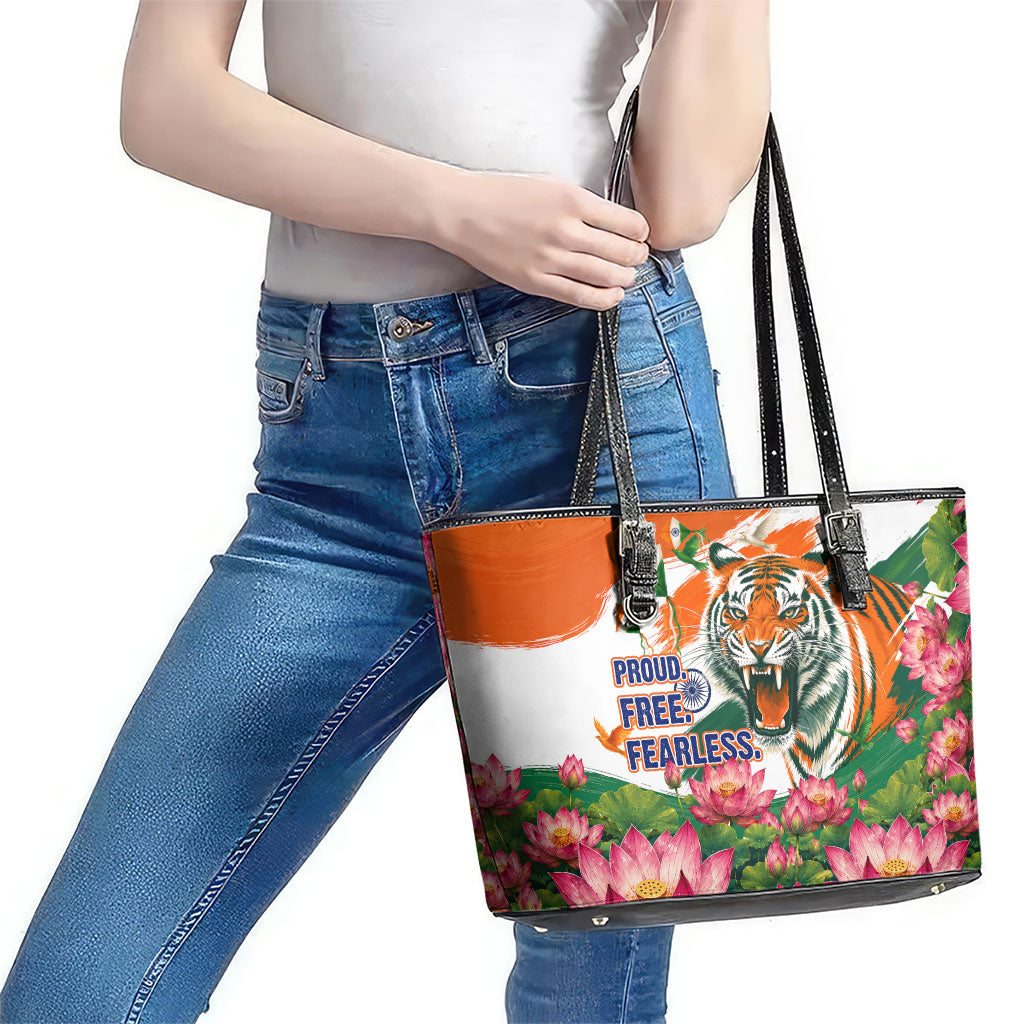 India Proud Free Fearless Leather Tote Bag Bengal Tiger Military Soldier Jets Art