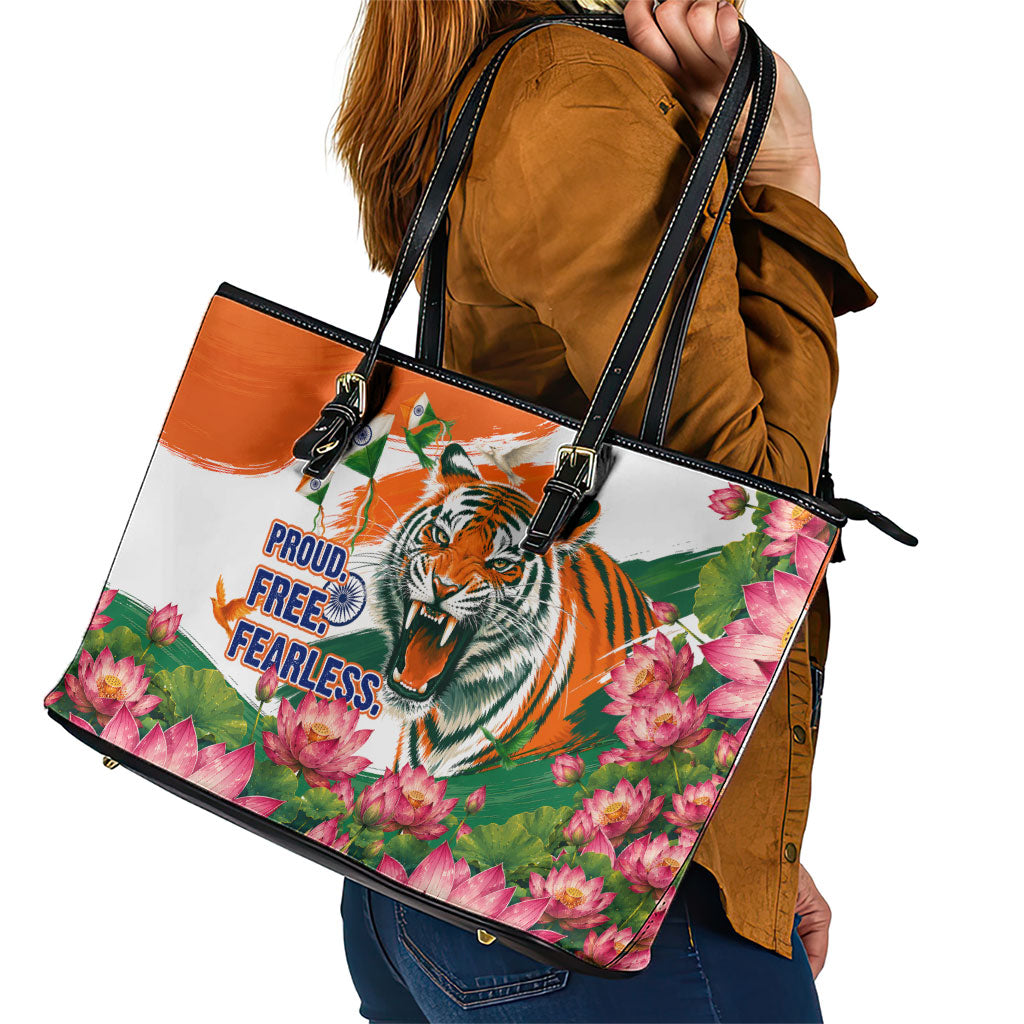 India Proud Free Fearless Leather Tote Bag Bengal Tiger Military Soldier Jets Art