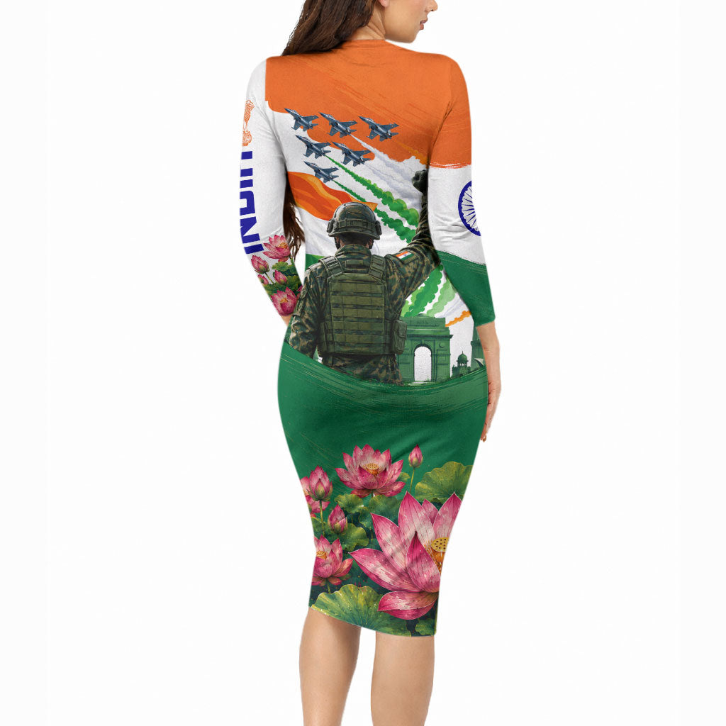 India Proud Free Fearless Long Sleeve Bodycon Dress Bengal Tiger Military Soldier Jets Art