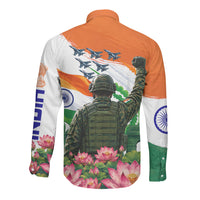 India Proud Free Fearless Long Sleeve Button Shirt Bengal Tiger Military Soldier Jets Art