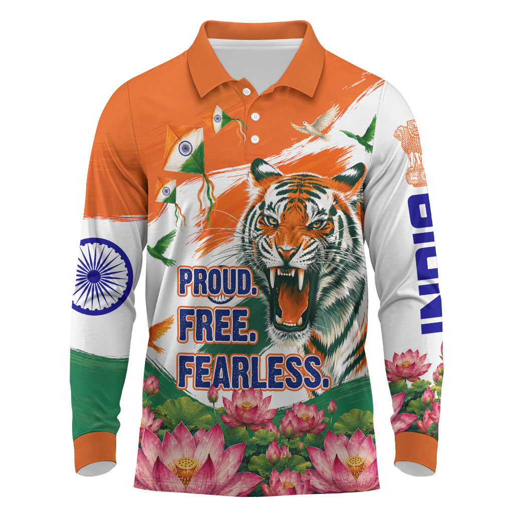 India Proud Free Fearless Long Sleeve Polo Shirt Bengal Tiger Military Soldier Jets Art
