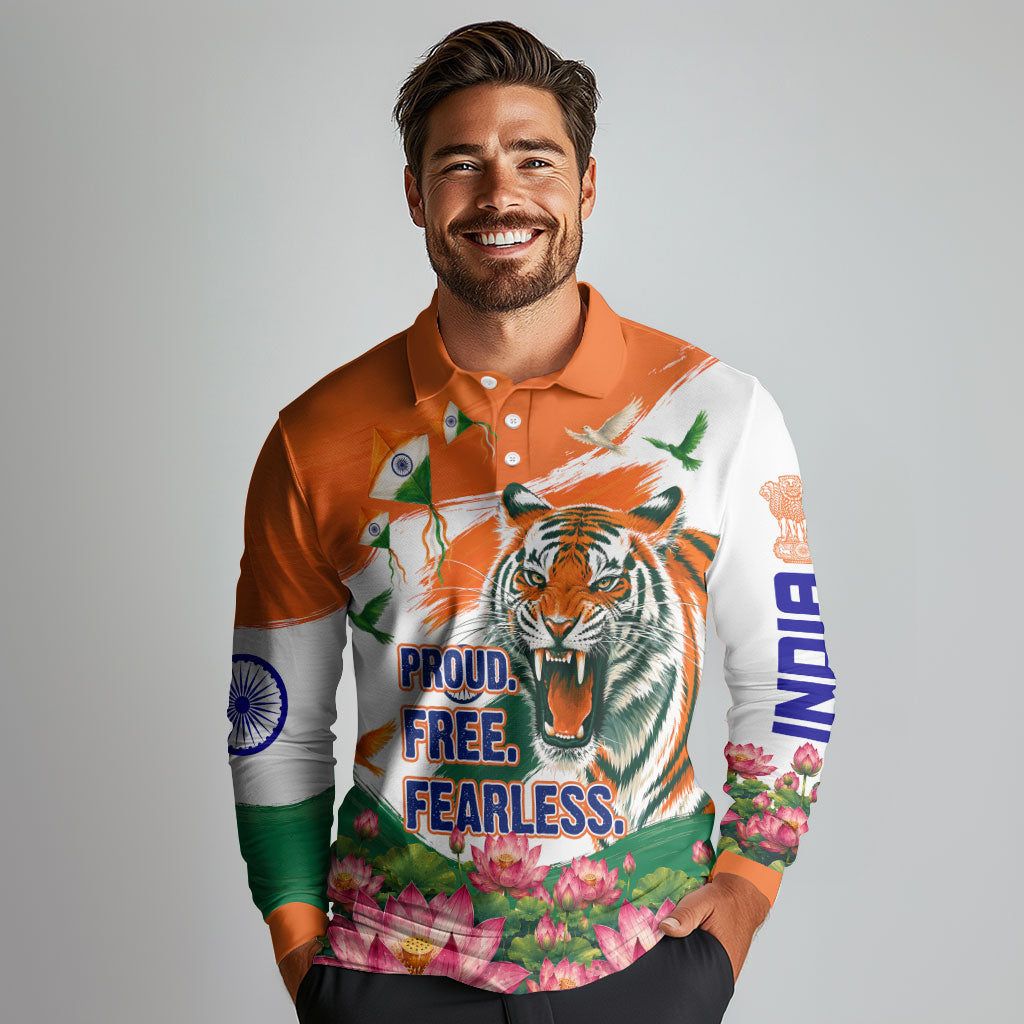 India Proud Free Fearless Long Sleeve Polo Shirt Bengal Tiger Military Soldier Jets Art