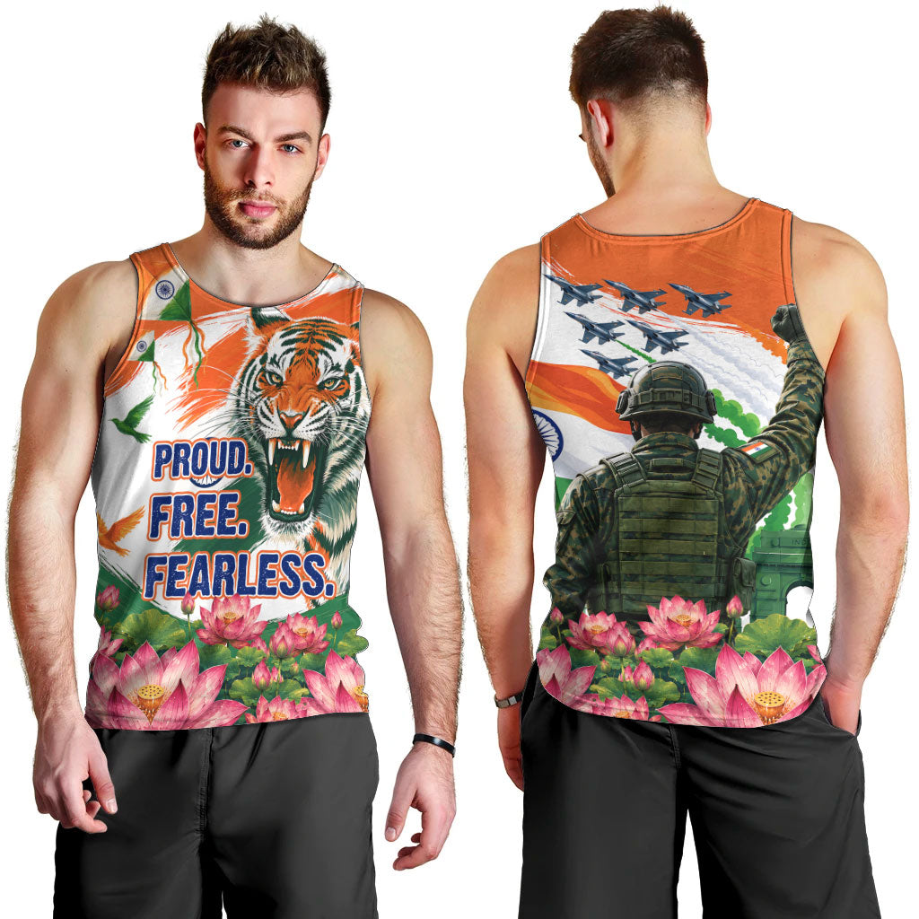India Proud Free Fearless Men Tank Top Bengal Tiger Military Soldier Jets Art