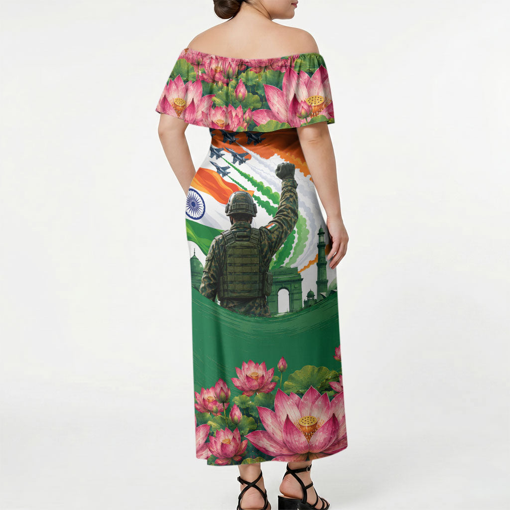 India Proud Free Fearless Off Shoulder Maxi Dress Bengal Tiger Military Soldier Jets Art