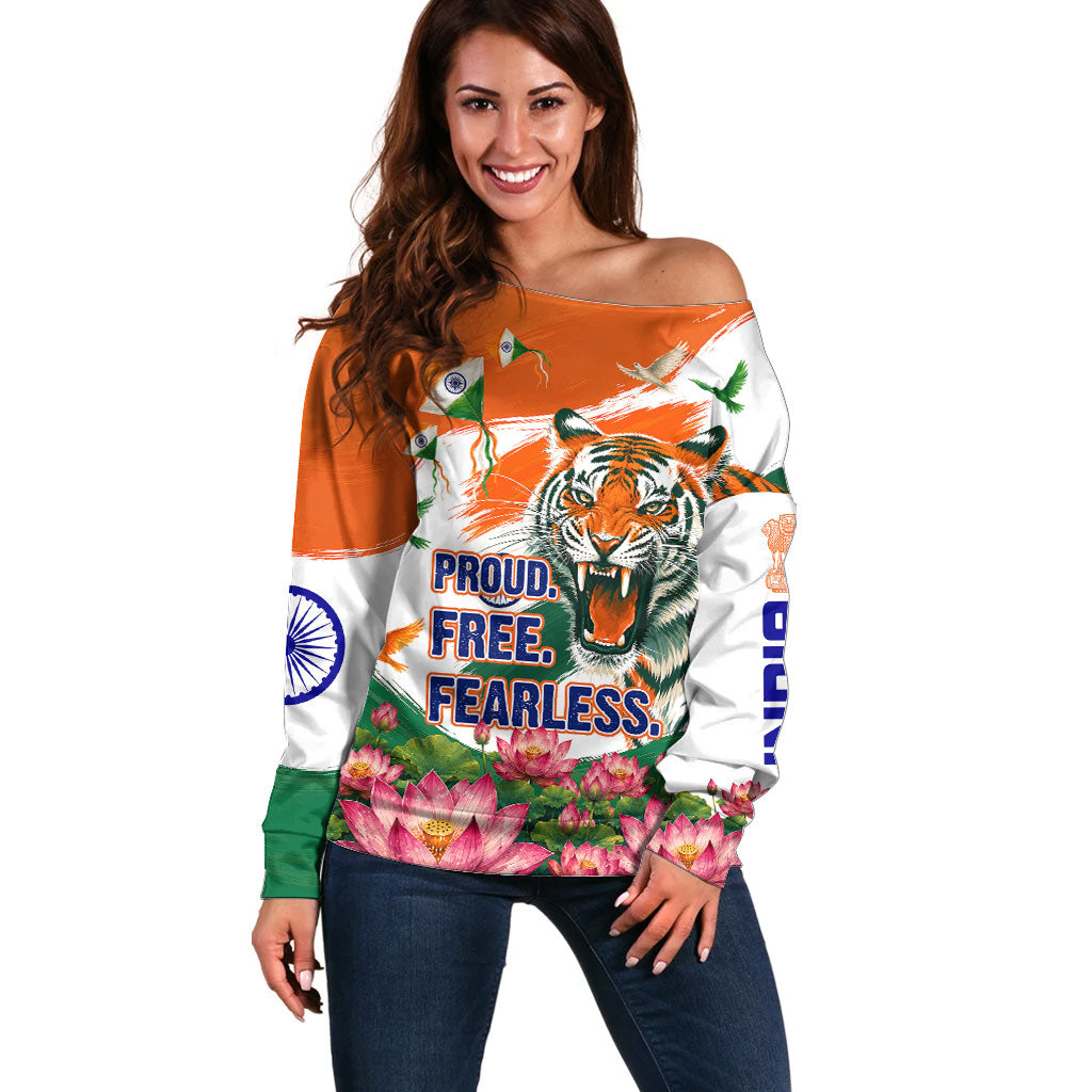 India Proud Free Fearless Off Shoulder Sweater Bengal Tiger Military Soldier Jets Art