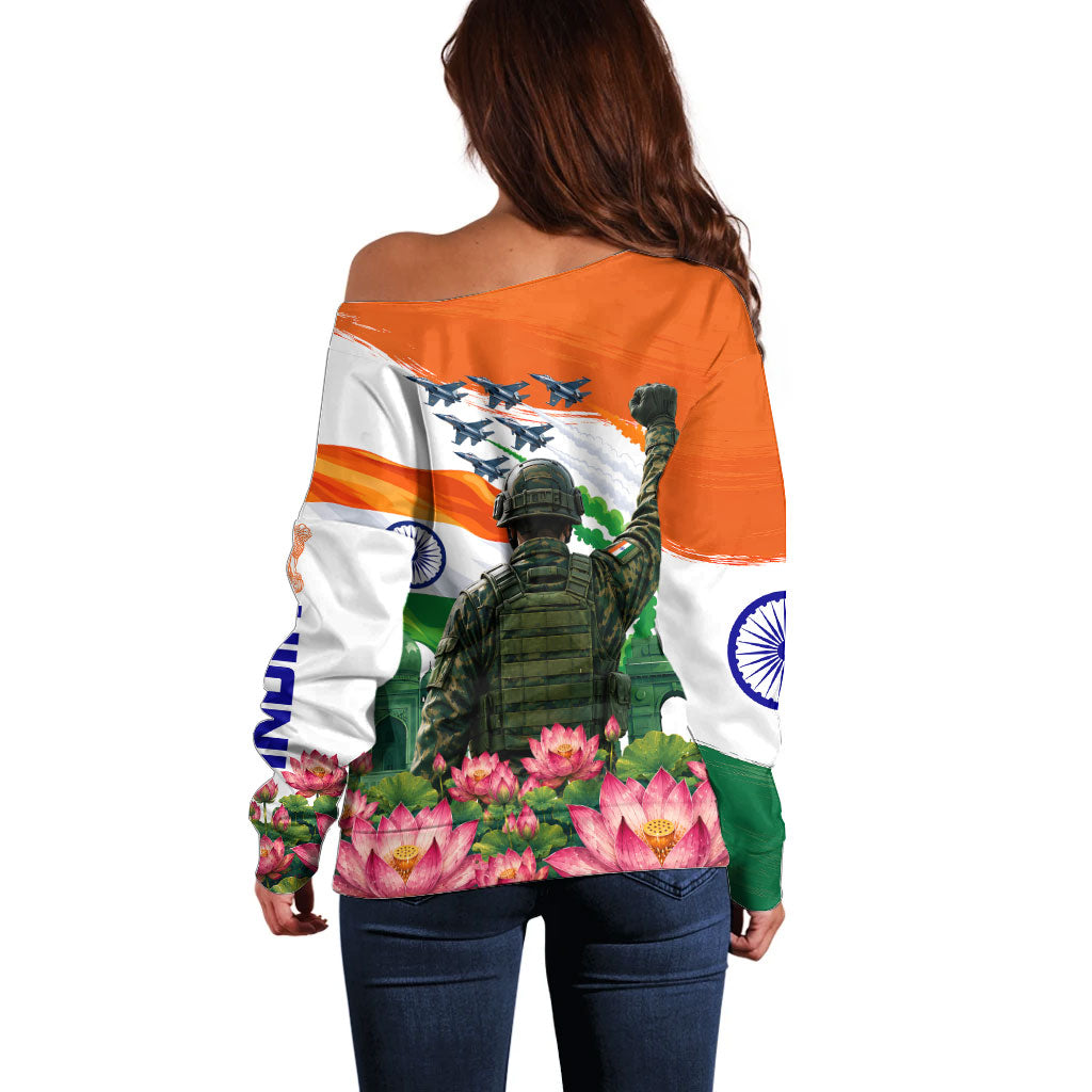 India Proud Free Fearless Off Shoulder Sweater Bengal Tiger Military Soldier Jets Art