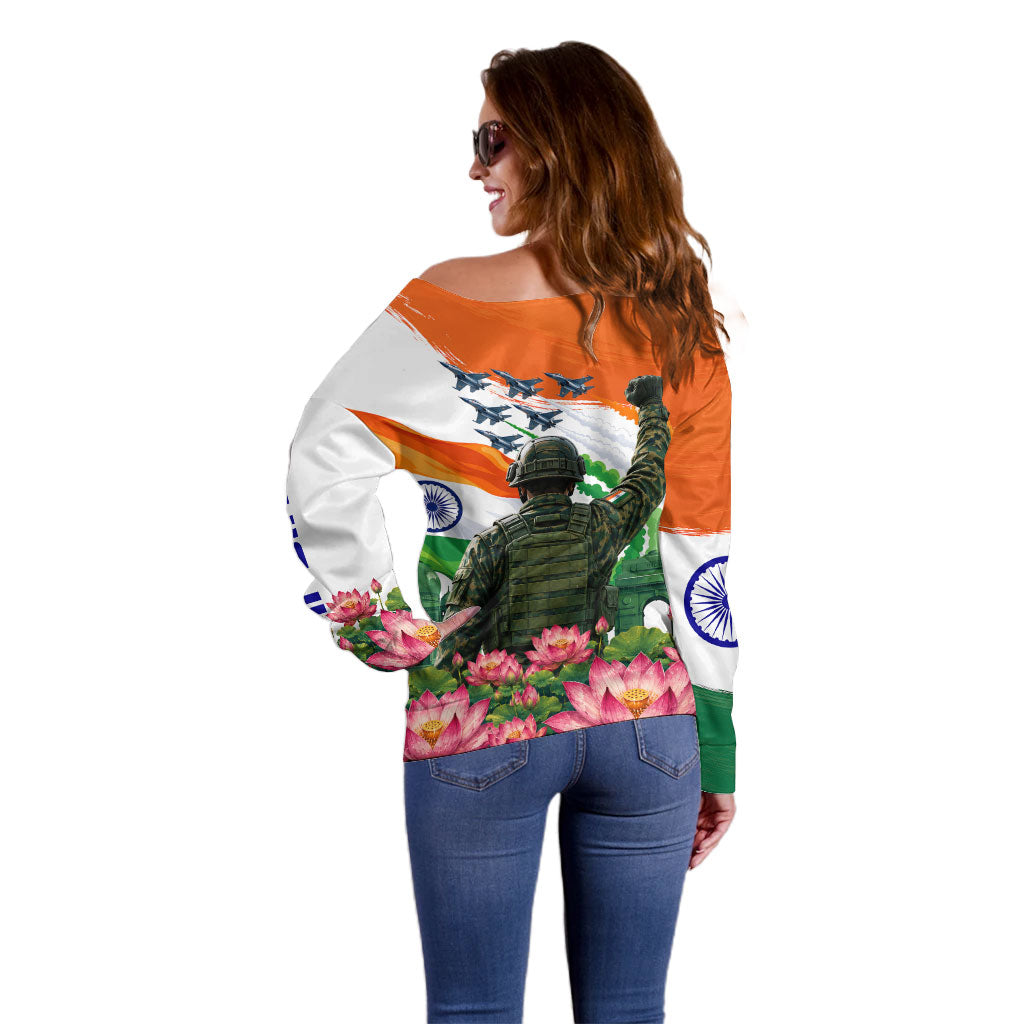 India Proud Free Fearless Off Shoulder Sweater Bengal Tiger Military Soldier Jets Art