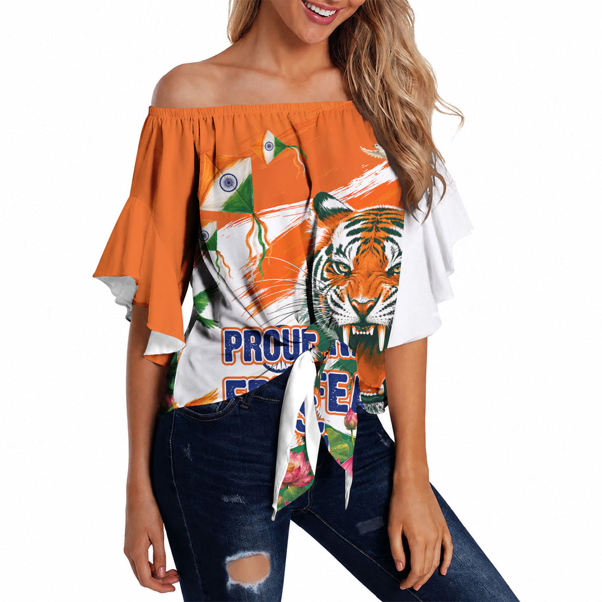 India Proud Free Fearless Off Shoulder Wrap Waist Top Bengal Tiger Military Soldier Jets Art