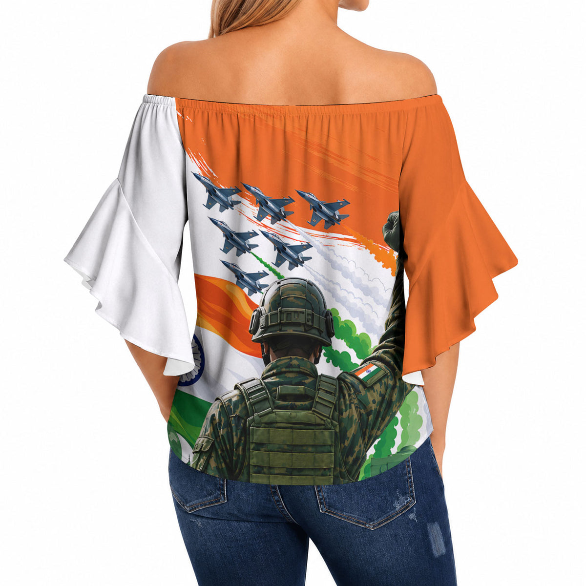 India Proud Free Fearless Off Shoulder Wrap Waist Top Bengal Tiger Military Soldier Jets Art