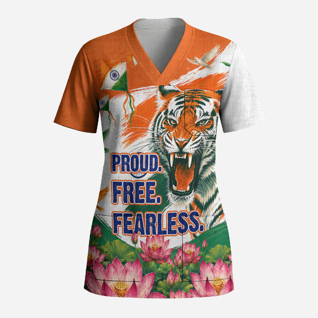 India Proud Free Fearless Scrub Top Bengal Tiger Military Soldier Jets Art