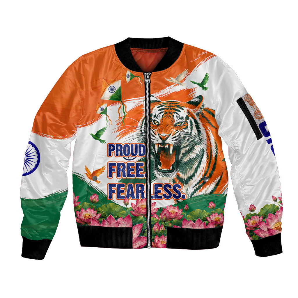 India Proud Free Fearless Sleeve Zip Bomber Jacket Bengal Tiger Military Soldier Jets Art