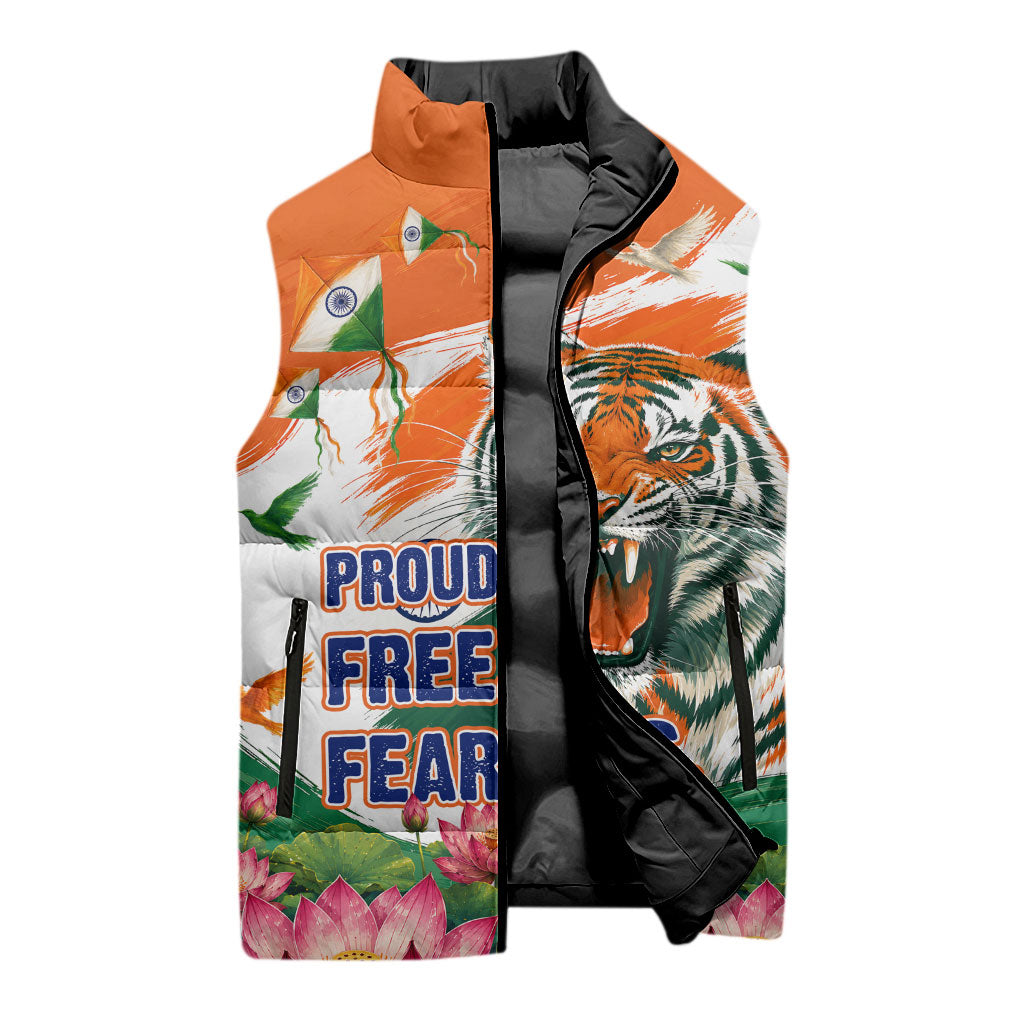 India Proud Free Fearless Sleeveless Puffer Jacket Bengal Tiger Military Soldier Jets Art