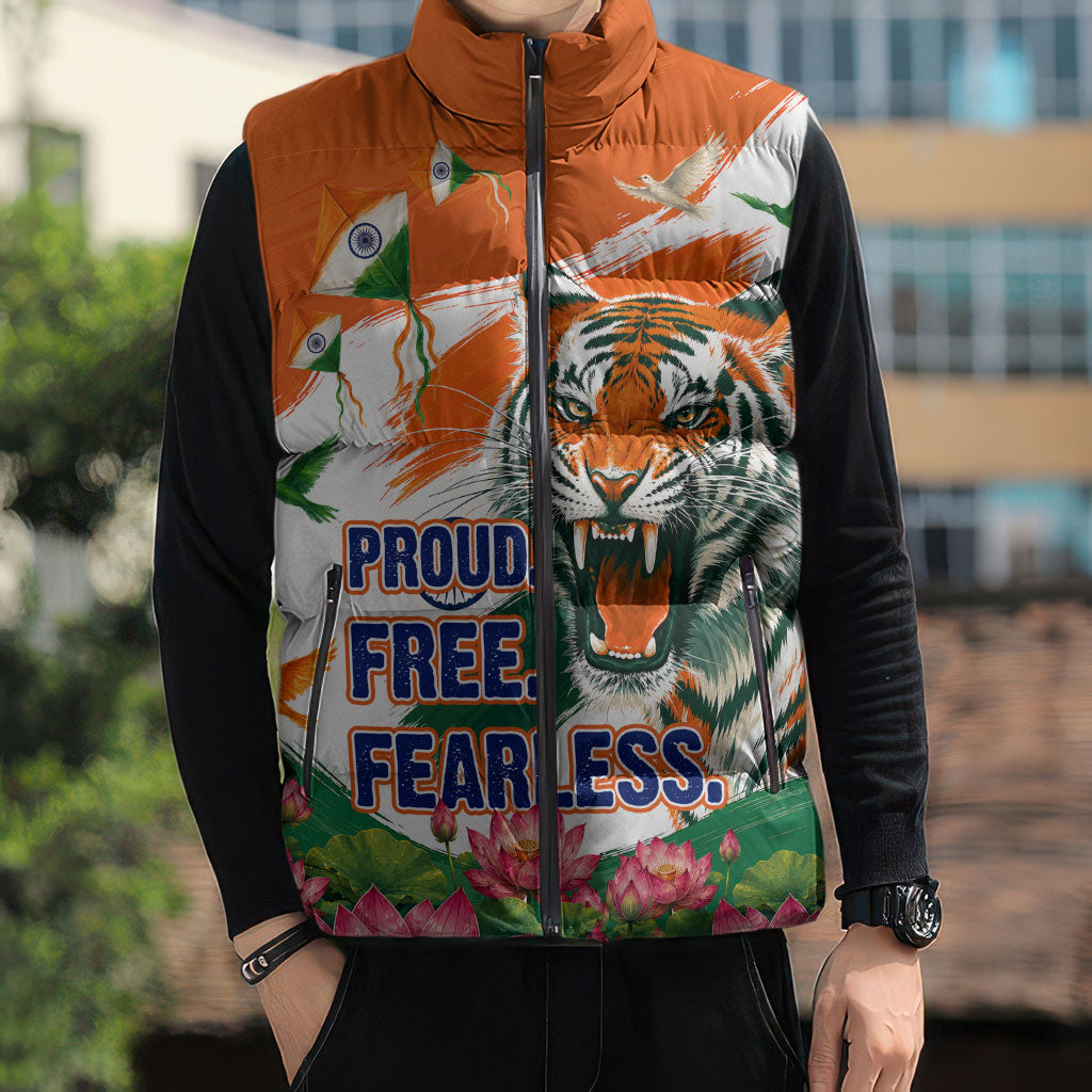 India Proud Free Fearless Sleeveless Puffer Jacket Bengal Tiger Military Soldier Jets Art