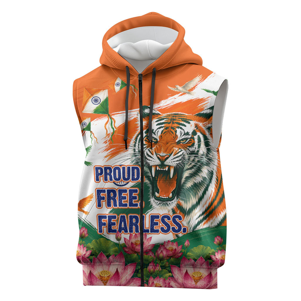 India Proud Free Fearless Sleeveless Zip Hoodie Bengal Tiger Military Soldier Jets Art