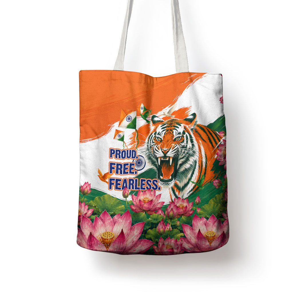India Proud Free Fearless Tote Bag Bengal Tiger Military Soldier Jets Art