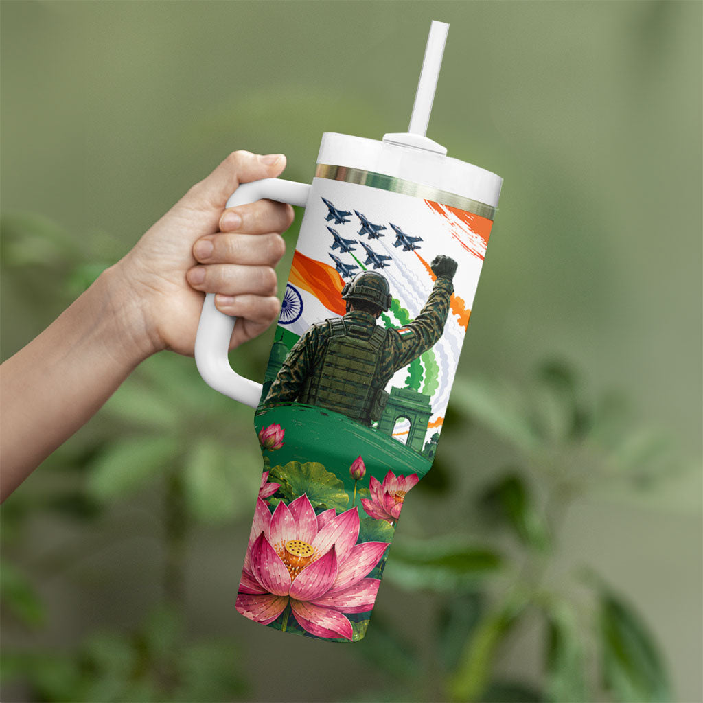 India Proud Free Fearless Tumbler With Handle Bengal Tiger Military Soldier Jets Art