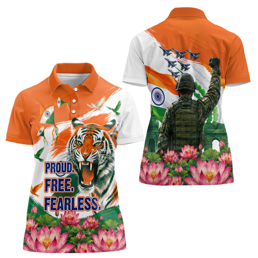 India Proud Free Fearless Women Polo Shirt Bengal Tiger Military Soldier Jets Art
