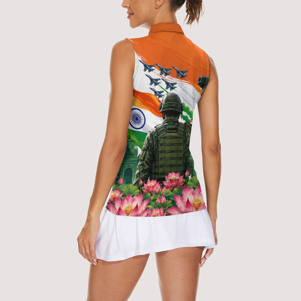 India Proud Free Fearless Women Sleeveless Polo Shirt Bengal Tiger Military Soldier Jets Art