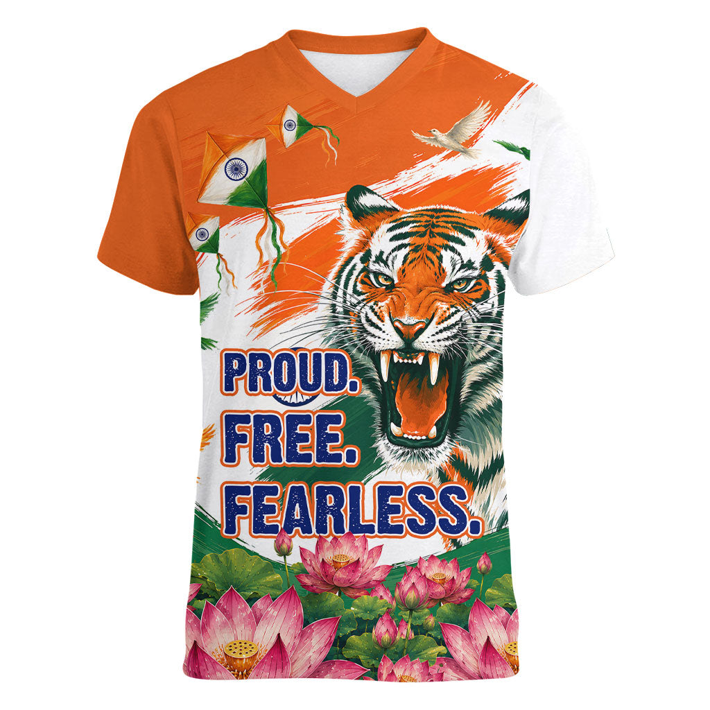 India Proud Free Fearless Women V-Neck T-Shirt Bengal Tiger Military Soldier Jets Art