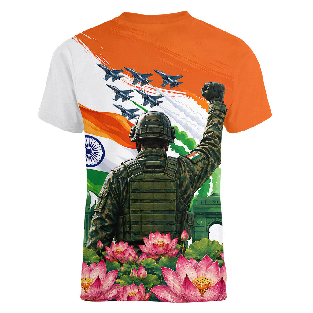 India Proud Free Fearless Women V-Neck T-Shirt Bengal Tiger Military Soldier Jets Art