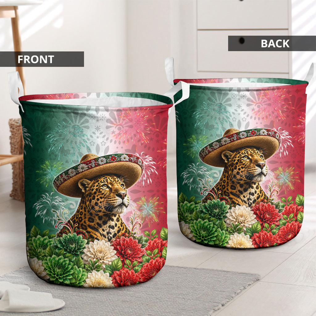 Viva Mexico Independence Day Laundry Basket Sombrero Jaguar Mayan Pyramid Fireworks
