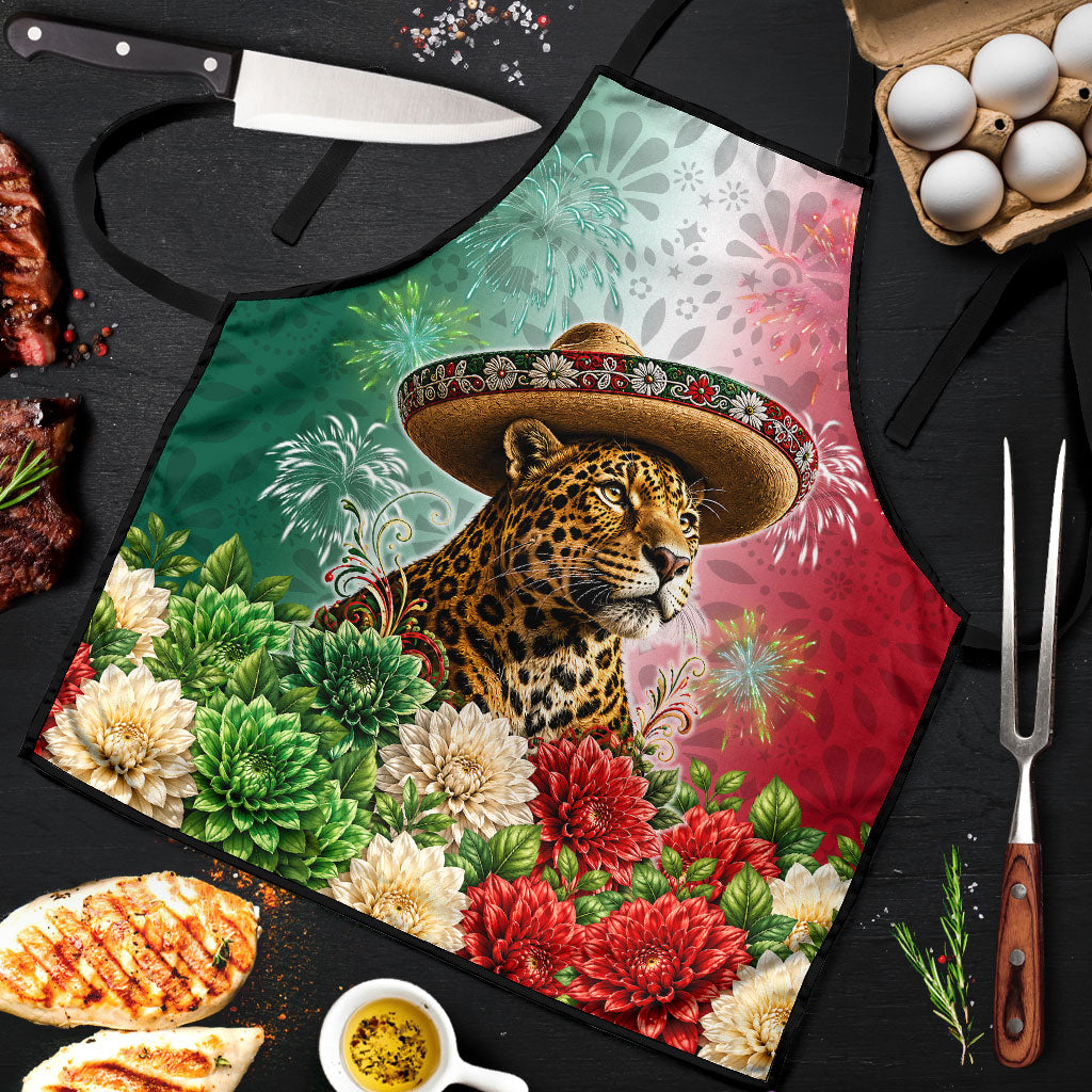 Viva Mexico Independence Day Apron Sombrero Jaguar Mayan Pyramid Fireworks