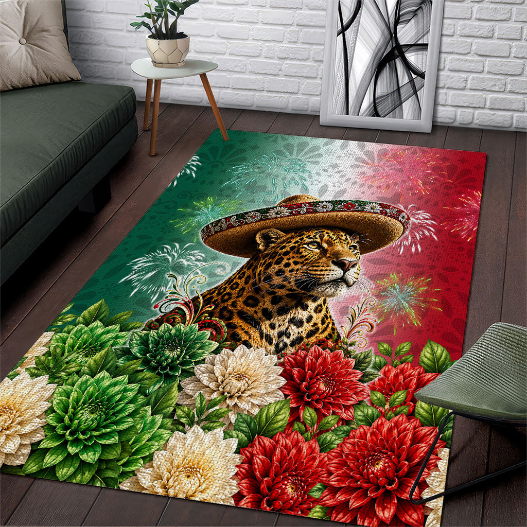 Viva Mexico Independence Day Area Rug Sombrero Jaguar Mayan Pyramid Fireworks