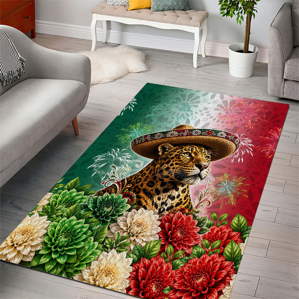 Viva Mexico Independence Day Area Rug Sombrero Jaguar Mayan Pyramid Fireworks