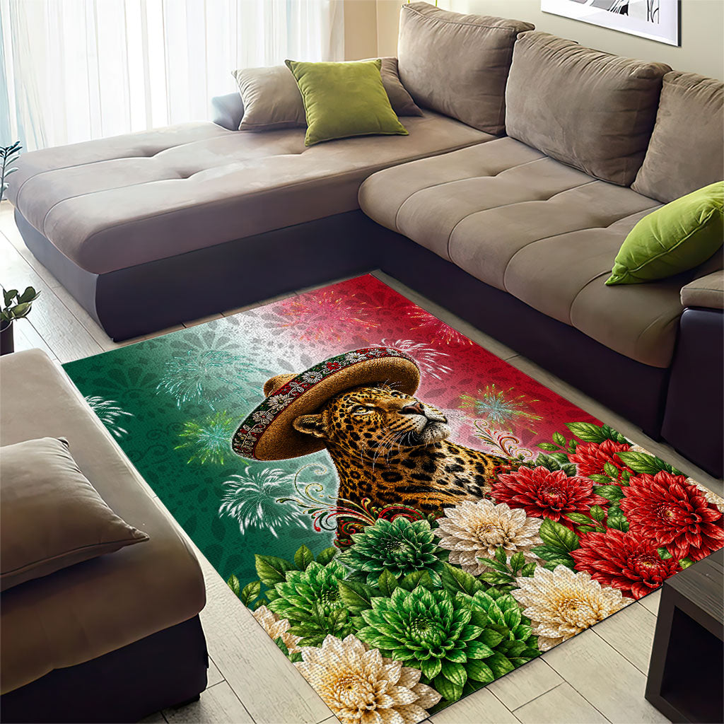 Viva Mexico Independence Day Area Rug Sombrero Jaguar Mayan Pyramid Fireworks