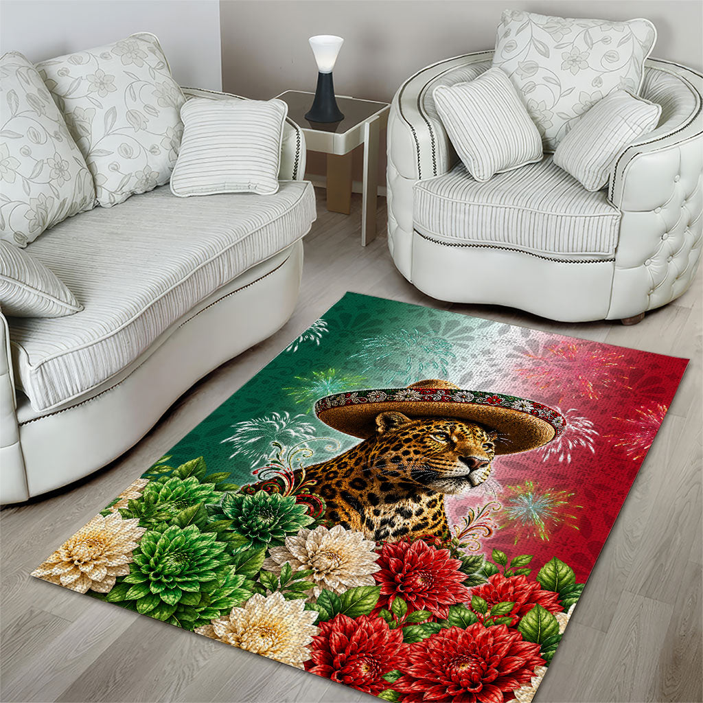 Viva Mexico Independence Day Area Rug Sombrero Jaguar Mayan Pyramid Fireworks